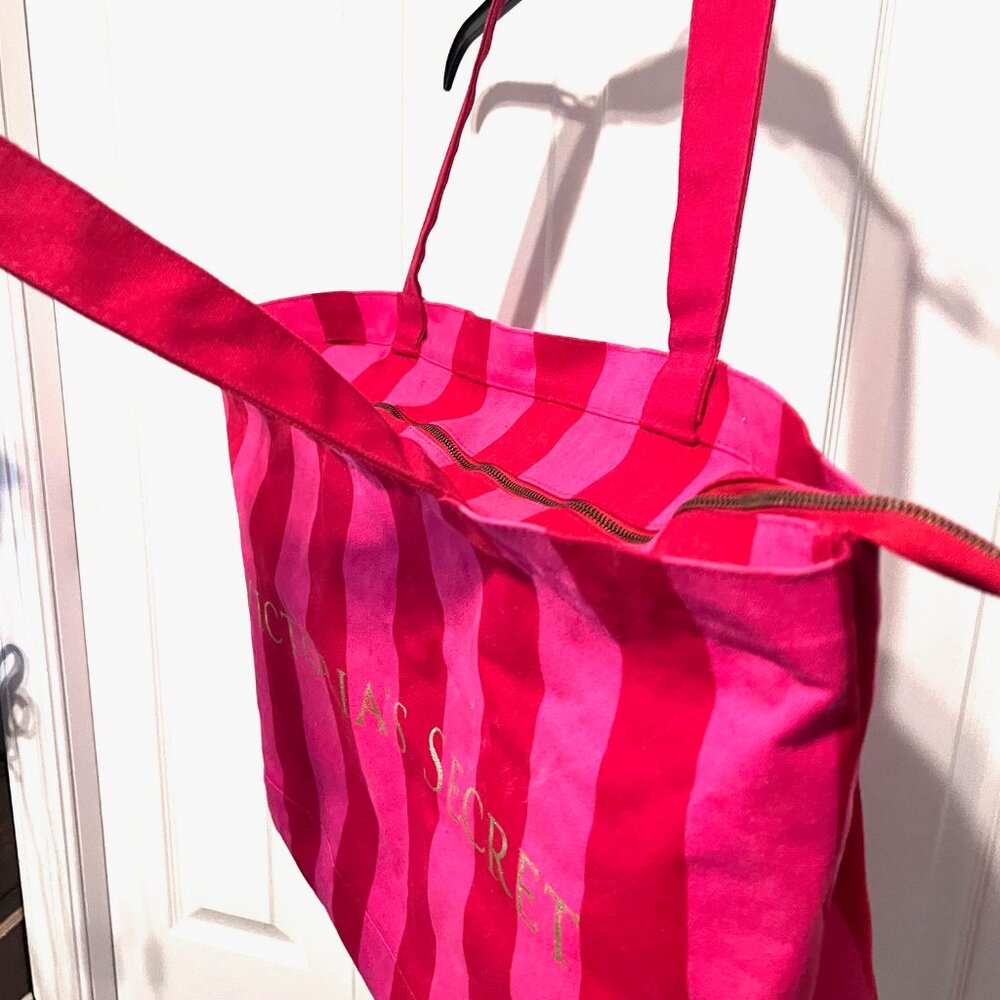 Victoria's Secret Iconic Pink/Red/Gold Striped Canvas Large Tote-Bonus Small One - Picture 11 of 16